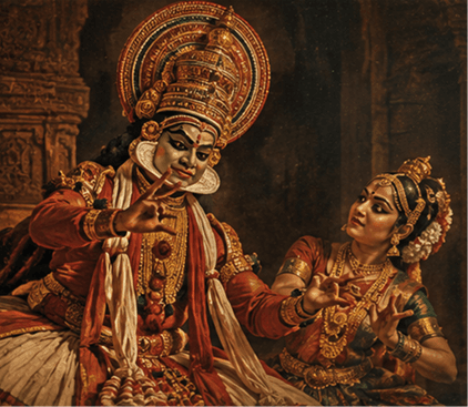 Kathakali performer in a crowned headdress acting opposite a classical dancer
