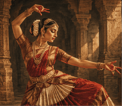 Classical dancer in a red and gold costume mid-pose in a temple hall