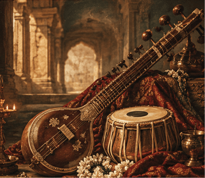 Sitar and tabla resting together beside marigold flowers