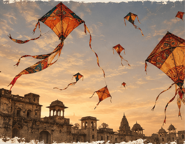 Colourful traditional kites flying over a historic palace at sunset