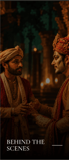 Behind the scenes: two traditionally dressed performers talking backstage
